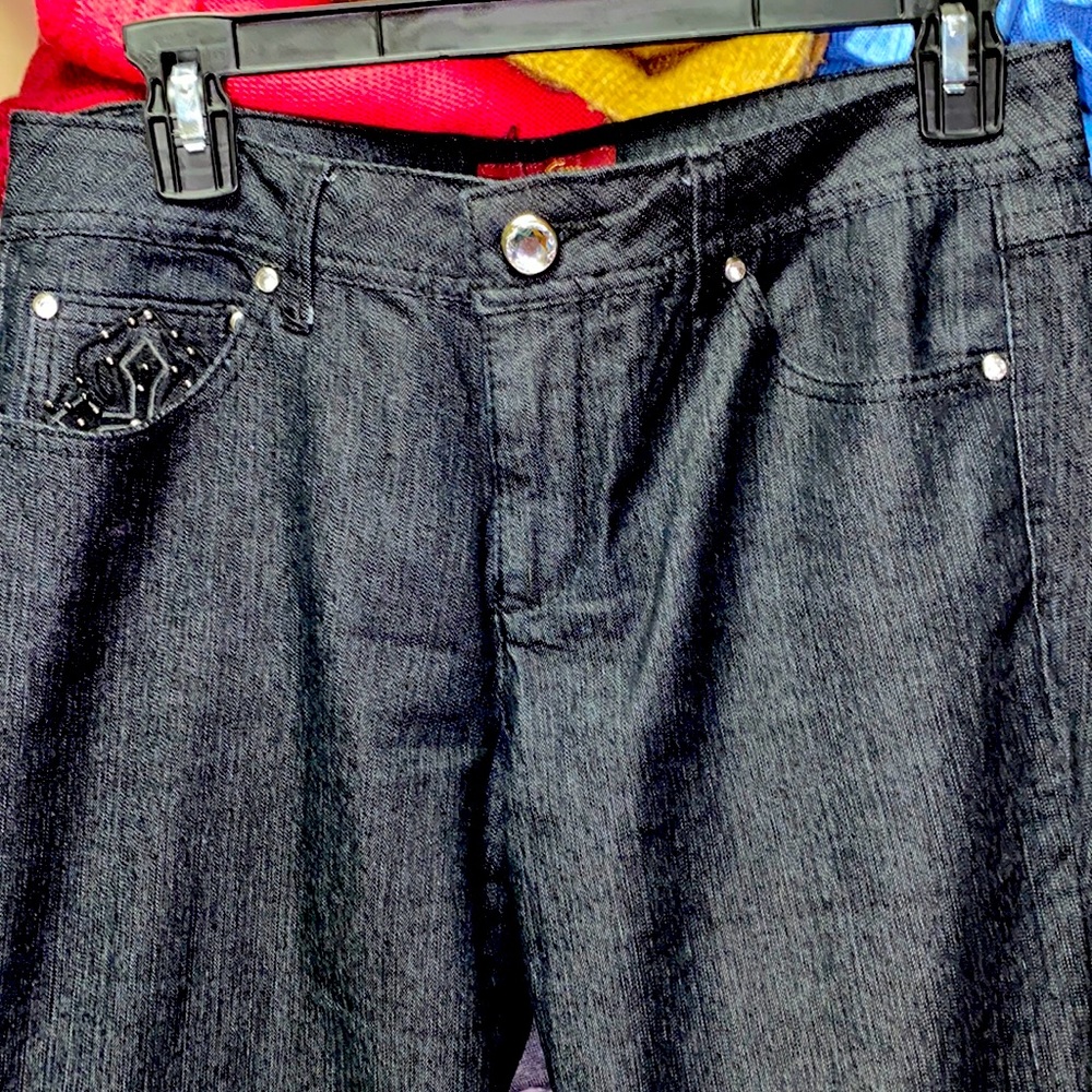 Black denim straight leg jeans with spandex